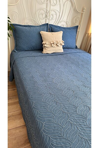 Decamor home Nakışlı Mavi Yatak Örtüsü Pike Seti Işleme Detaylı Çok Amaçlı Örtü Çift Kişilik