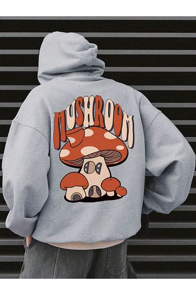 Altamira Hanorac cu glugă unisex cu imprimeu ciuperci gri