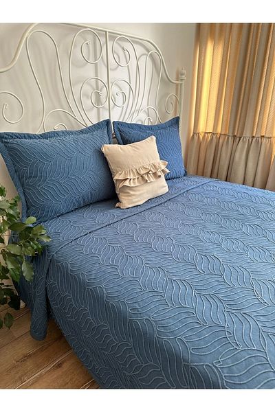 Decamor home Blue Embroidered Bedspread - Pique Set, Embroidered Detail, Double