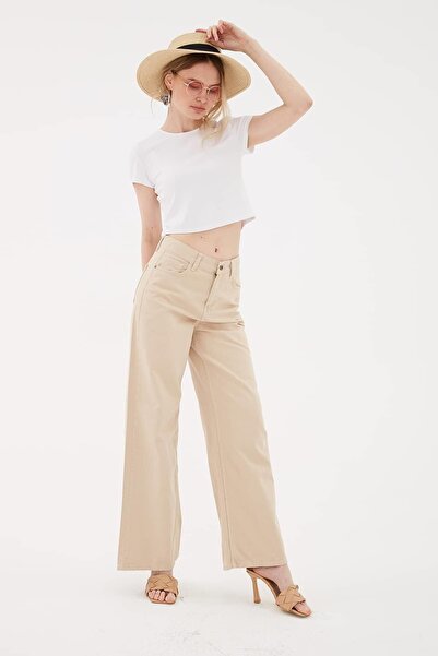 Fashion Friends Yüksek Bel Geniş Paça Pantolon Bej / Beige