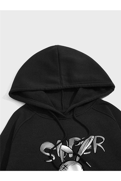 Altamira Unisex Black Rabbit Printed Oversize Hooded Sweatshirt
