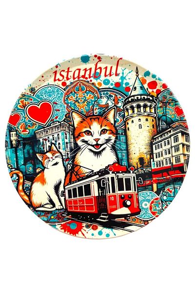 GALATA GIFT 9cm Istanbul Patterned Cat Coaster - 6-Piece Cork Base Coasters