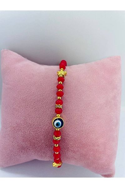 GALATA GIFT Stylish Evil Eye Bead Bracelet with Star Pattern - Red Color and Gold Detail