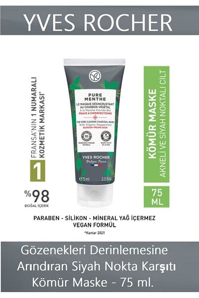 Yves Rocher Pure Menthe - Anti-Blackhead Charcoal Mask that Deeply Purifies Pores (75 Ml)
