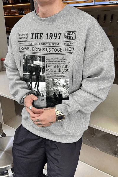 Millionaire Ανδρικό φούτερ από φλις εμπριμέ γκρι 1997 - 0 Crew Neck, Oversize Loose Loose Fit