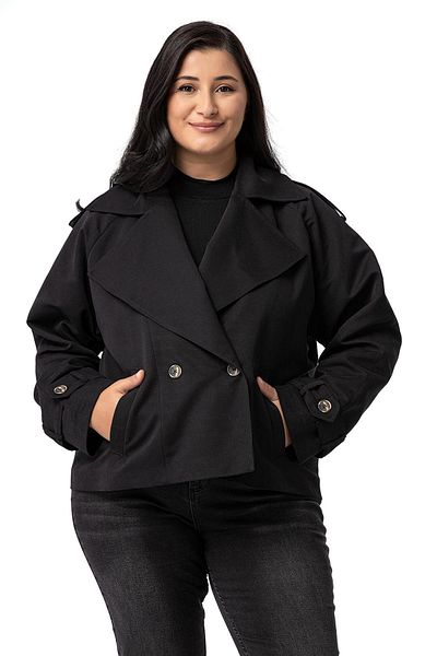 DISENTIS MODEST Black Oversize Short Trench Coat - Pockets, Lined, Mono Collar - Large Size