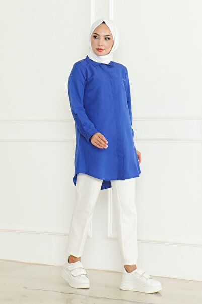 Eliva Синій терикотонний бойфренд Saks на прихованих ґудзиках Tesettur жіночий гомлек