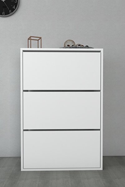 Ersinan Mobilya Beyaz 3 Kapaklı Kayar Raflı Ayakkabılık