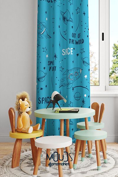 Moud's Space Patterned Suede Background Curtain - Children's and Baby's Room, Digital Printed Extra-Force - Single Wing