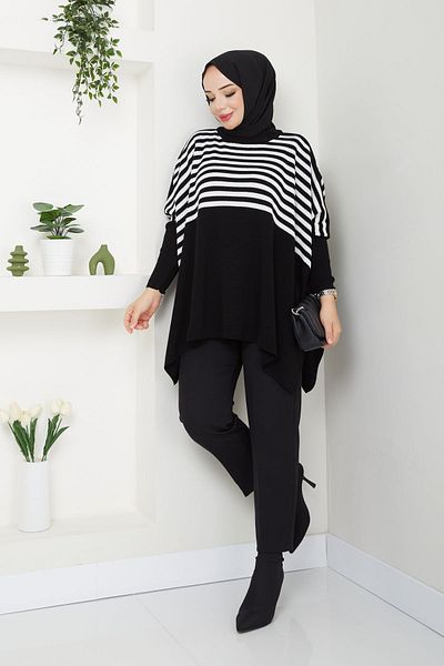 LE CARAMBOLE Μαύρο εκρού ριγέ Oversize Hijab Πουλόβερ - Γυναικείο