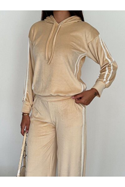 alieva Bej Renk Şerit Detaylı Bel Lastikli Kapuşonlu Bol Kesim Kadife Alt Üst...