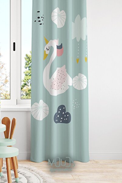 Moud's Kuğu Desenli Fon Perde Çocuk Ve Bebek Odası Süet Dijital Baskılı Ekstr...