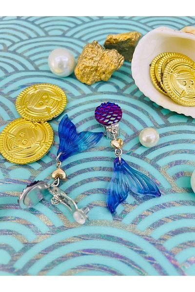 1PARÇAMAVİ Mermaid Fishtail Clip Children's Earrings - Non-perforated Earrings