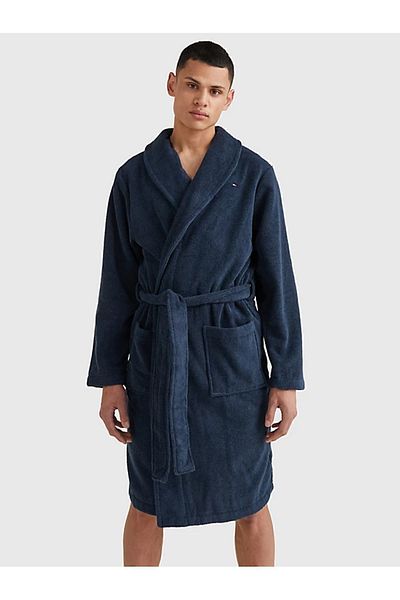 Tommy Hilfiger Men's Navy Blue Bathrobe - Logo Embroidered, Deep Pockets and Pure Cotton