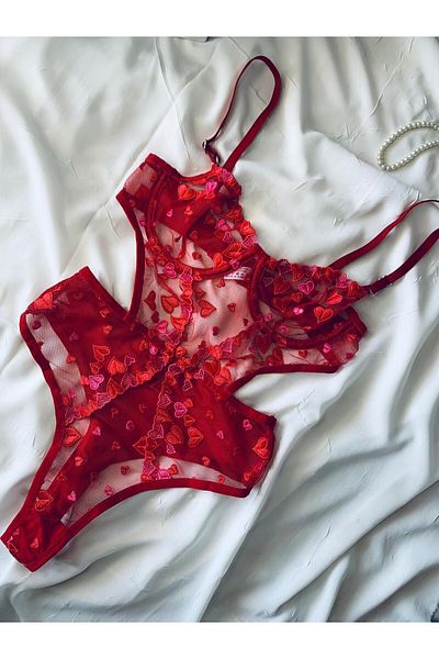 ROZENİN LINGERIE Ειδική Πρωτοχρονιάτικη Κόκκινη Καρδιά Κέντημα Underwire Capless Bodysuit