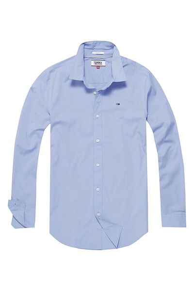 Tommy Hilfiger Men's Brand Logo Stretch Cotton Half-Lined Collar Stylish Looking Blue Shirt Suitable for Daily Use