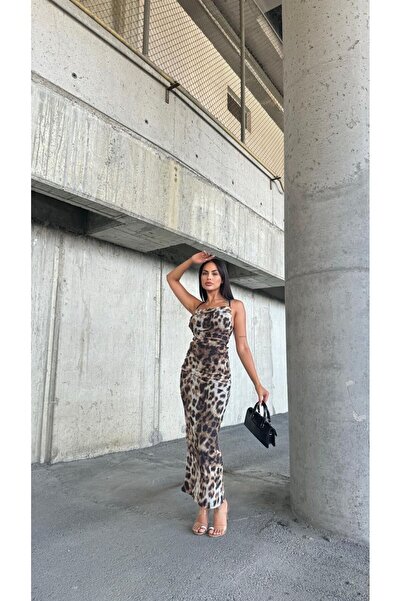 novalook Rochie din tul cu imprimeu leopard - Cu bretele subțiri și detaliu l...