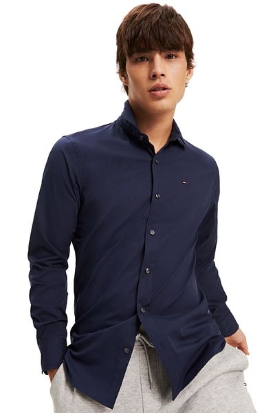 Tommy Hilfiger Men's Brand Logo Stretch Cotton Half-Lined Collar Stylish Looking Dark Blue Shirt Suitable for Daily Use