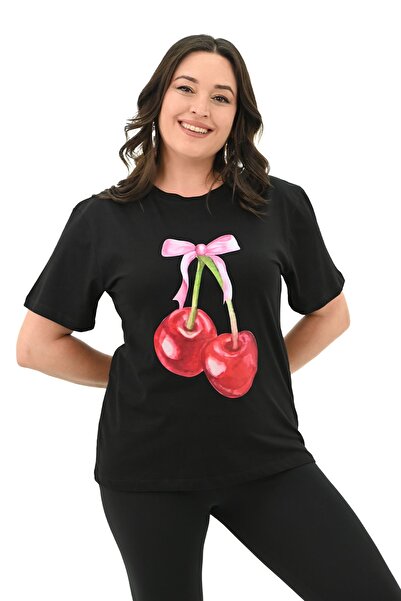 Koza Butik Plus Size Cherry Patterned Women's T-shirt - 1785-24