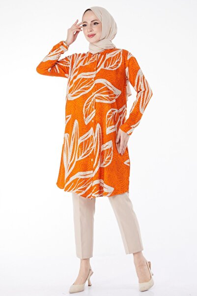 TOFİSA Plain Shirt Collar Women's Orange Patterned Tunic - 25040