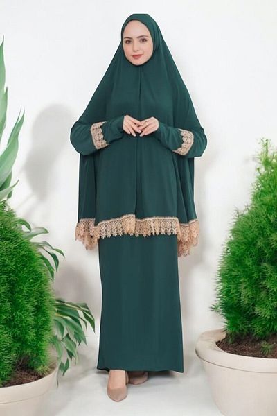 OBAY LİFE Green Double Set Standard Size Lower Upper Hijab Prayer Dress Obay4535