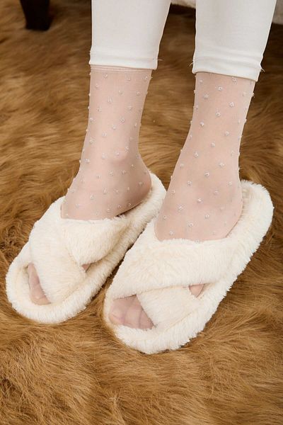 TOFİSA Ecru Plush Women's Cross House Slippers - 23323
