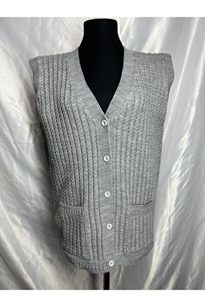 BARLAS TRİKO Kadın V Yaka Kalın Yün Saç Örgü Triko Düğmeli Cepli Anne Yelek