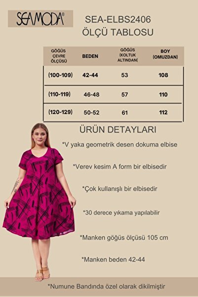 Seamoda Fuchsia V-Neck Geometric Patterned Viscon Comfort Dress - Short Sleeve Plus Size