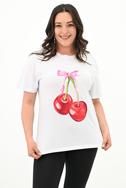 Koza Butik Plus Size Cherry Patterned Women's T-shirt - 1785-24