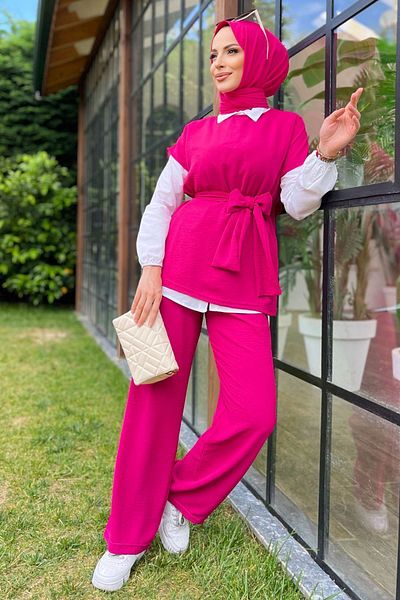 TOFİSA Fuchsia Women's Double Suit - Plain Crew Neck - 11448
