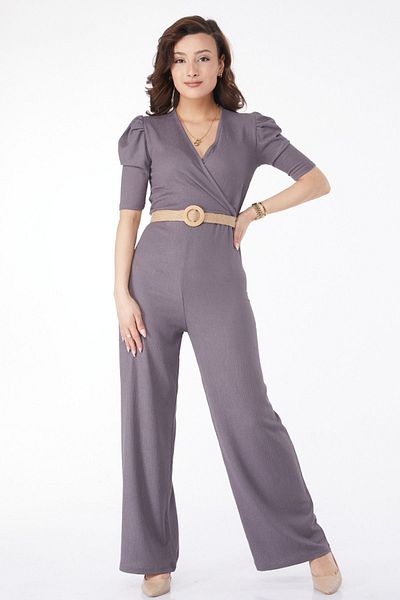 TOFİSA Gray Straight Double-breasted Women's Jumpsuit with Belt - 24659