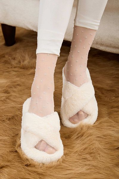 TOFİSA Ecru Plush Women's Cross House Slippers - 23323