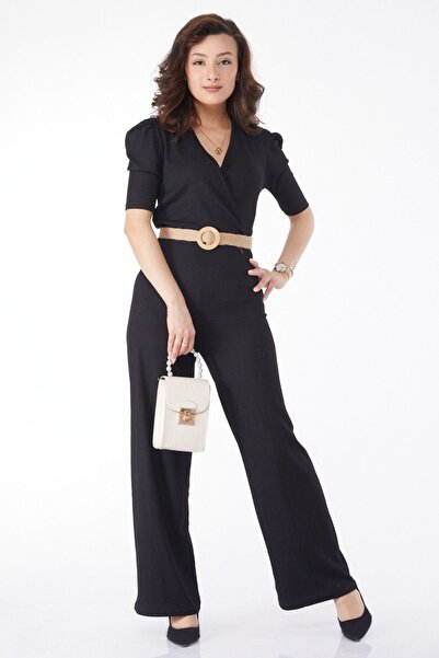 TOFİSA Black Belted Straight Double Breasted Women's Jumpsuit - 24659