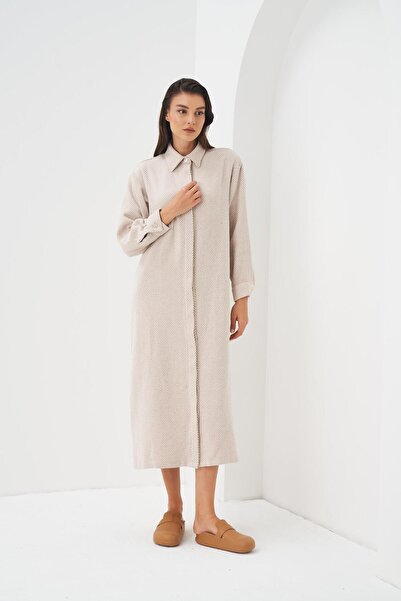 Mevra Ecru Herringbone Patterned Shirt Dress