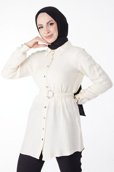 TOFİSA Plain Shirt Collar Women's Ecru Belted Tunic - 25095