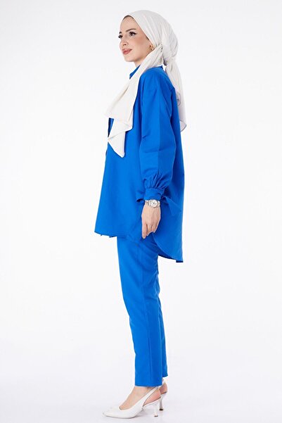 TOFİSA Απλό πουκάμισο γιακά μπλε τουνίκ και παντελόνι σετ για γυναίκες - 13182