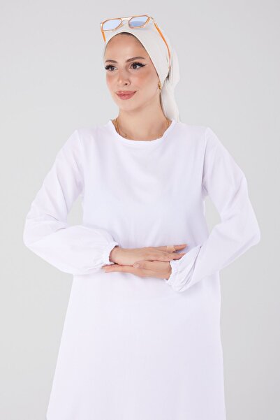 TOFİSA Λευκό γυναικείο φόρεμα με μονόχρωμο λαιμόκοψη - 13202