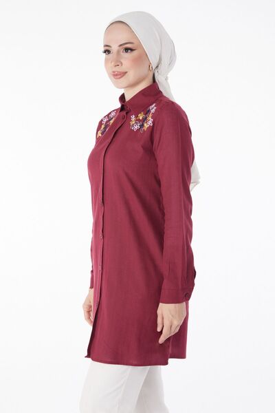 TOFİSA Flat Shirt Collar Women's Burgundy Embroidered Shirt - 13167