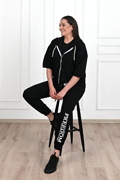 Koza Butik Γυναικεία φόρμα με κοντό μανίκι με κουκούλα μεγάλου μεγέθους 3705-23