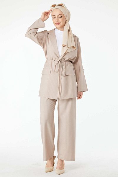 TOFİSA Beige Striped Women's Jacket and Trousers Set - Straight Jacket Collar - 24511