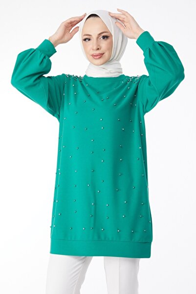 TOFİSA Green Balloon Sleeve Stone Detailed Women's Tunic - Plain Crew Neck - 24606