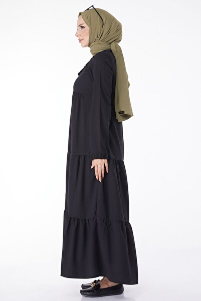 TOFİSA Czarna, marszczona, koronkowa damska sukienka z prostym kołnierzykiem i szczegółami – 13145