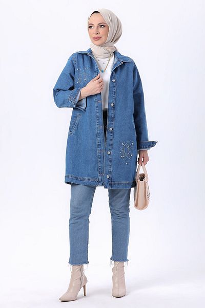 TOFİSA Women's Blue Flotated Straight Shirt Collar Denim Jacket - 23623
