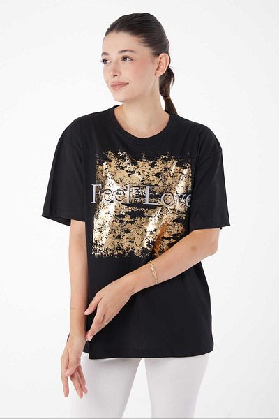 TOFİSA Black Printed Women's T-shirt - Crew Neck, Short Sleeve - 25982