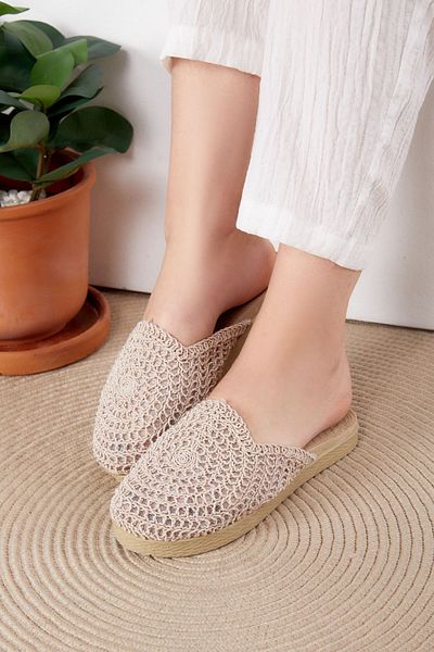 TOFİSA Beige Women's Straw Slippers - 25535