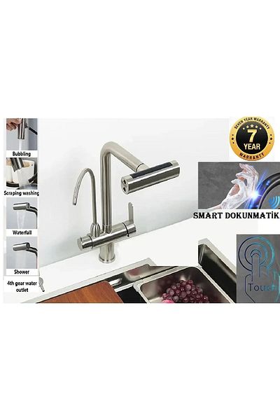 OEM 7 Years Warranty - Kitchen Sink Faucet, Touch Purification and Shower Waterfall 3 Functions Nickel Imported