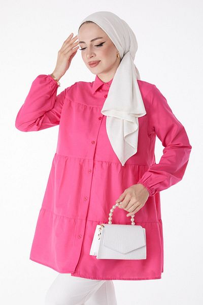 TOFİSA Fuchsia Gathered Women's Tunic - Plain Shirt Collar - 13177