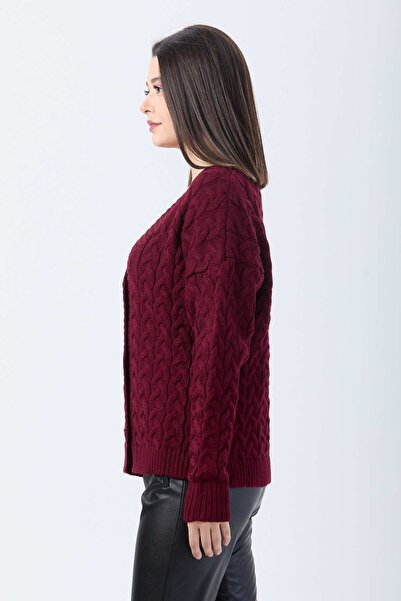 TOFİSA Бордовий трикотажний жіночий кардиган - Прямий комір - 24033