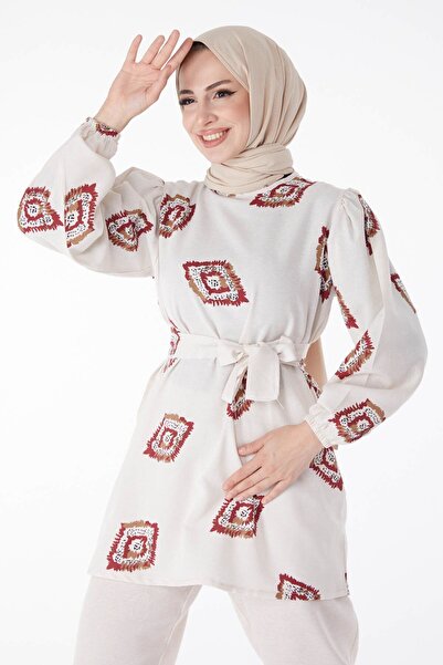 TOFİSA Women's Double Suit - Claret Red Patterned, Crew Neck - 13164