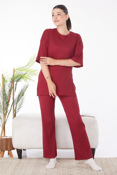 TOFİSA Women's Claret Red Crew Neck Short Sleeve Pajama Set - 24453